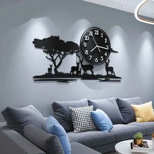 🦌 Big Wooden Grazing Deer in Meadows Wall Clock | 40x18 Inches | Laser-Cut Perfection! ⏳